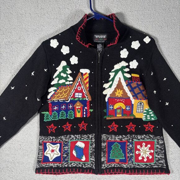 Designers Studio Originals Christmas Sweater Full Zip 3d Womens Size Petite M - Picture 1 of 11